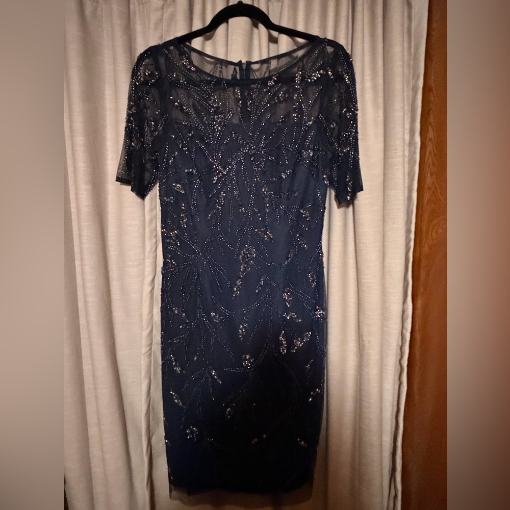 Adrianna Papell Midnight Blue Beaded Midi Dress